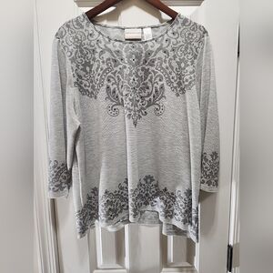 ALFRED DUNNER Stretch Polyester Top 3/4 Sleeve Gray Glitter, Gems Women's 1X